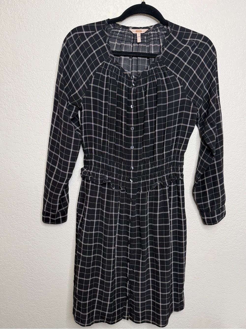 Rebecca Taylor B&W Plaid Silk Dress Sz 4 Smocked Waist Shirt Dress Office Classy